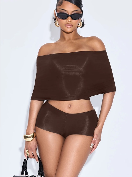 Fashion Nova Pants - Fashion Nova Ayden Chocolate Off-Shoulder Top + Shorts Set — NWT Size S